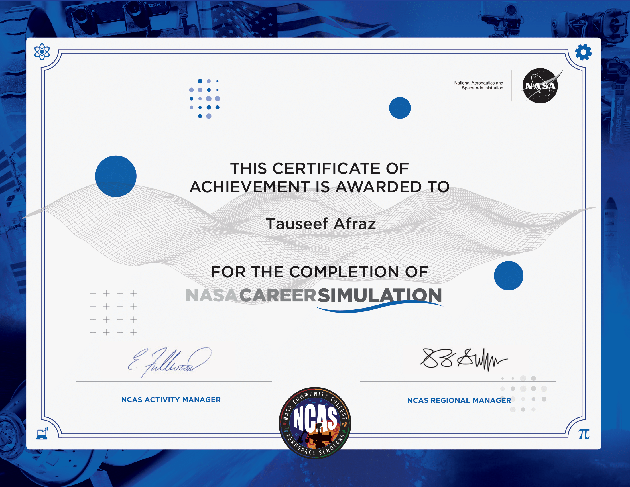NASA NCAS Mission 2 Career Simulation certificate